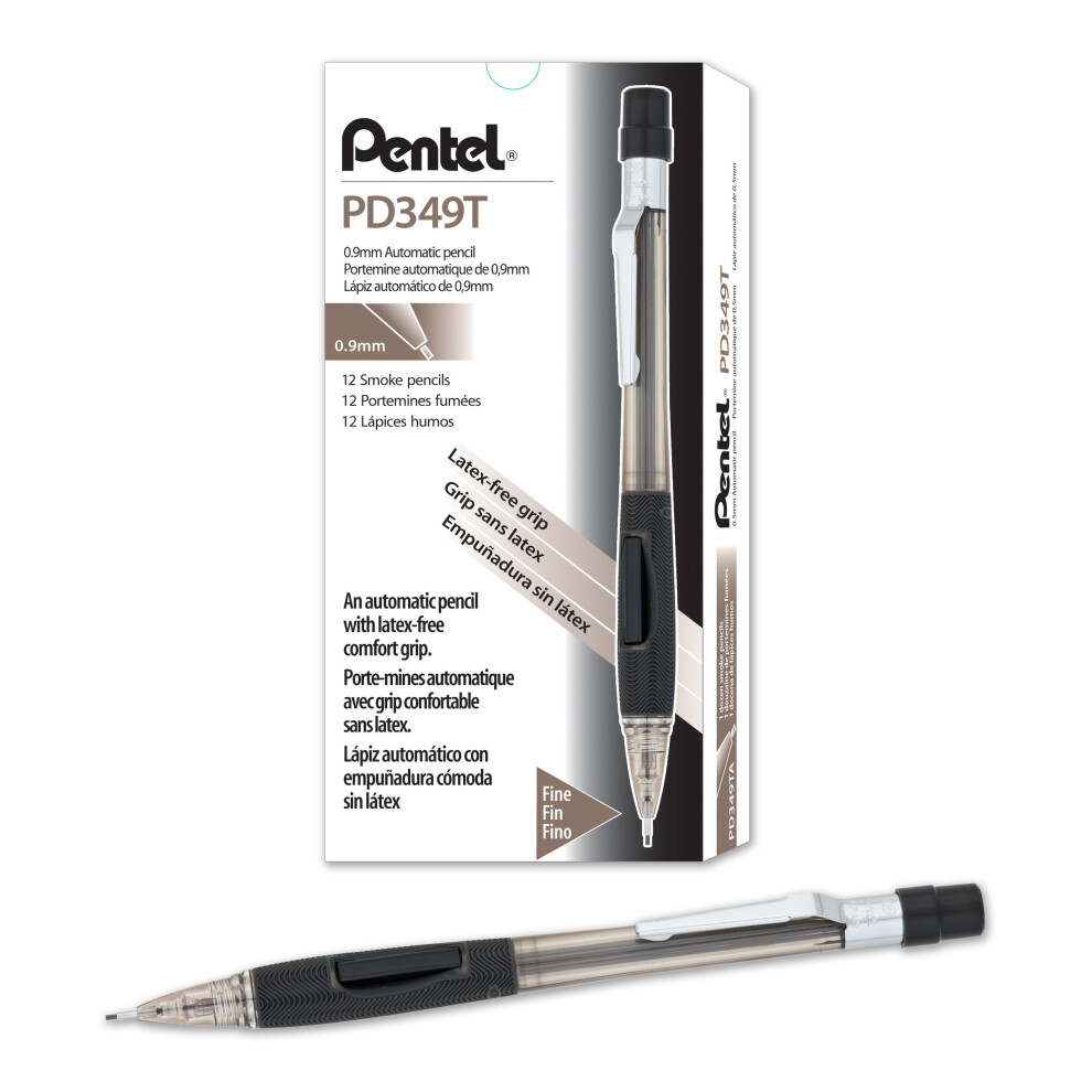 Pentel Quicker Clicker Mechanical Pencil (0.9mm) Transparent Black Barrel  Box of 12 (PD349TA)