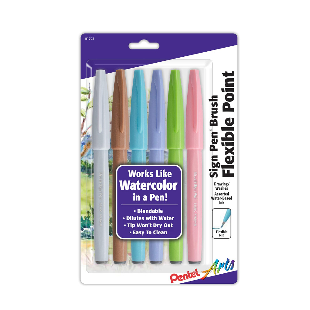 Pentel Arts Sign Pen Brush Tip  assorted 4 Pastel Colors  6-Pk (SES15C2BP6M1)