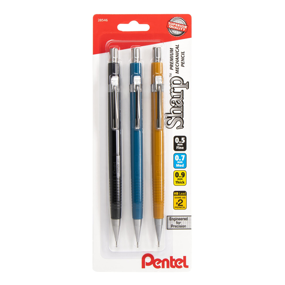 Pentel Sharp Mechanical Pencil 3 pack Assorted Barrels (1 each 0.5mm  0.7mm  0.9mm)