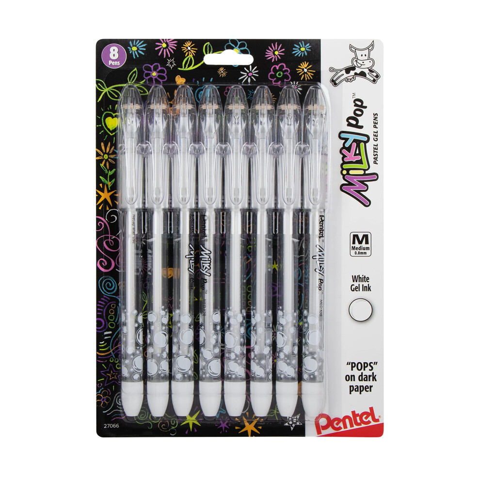 Pentel Milky Pop Pastel Gel Pen  (0.8mm) Medium  White Ink 8 Pack