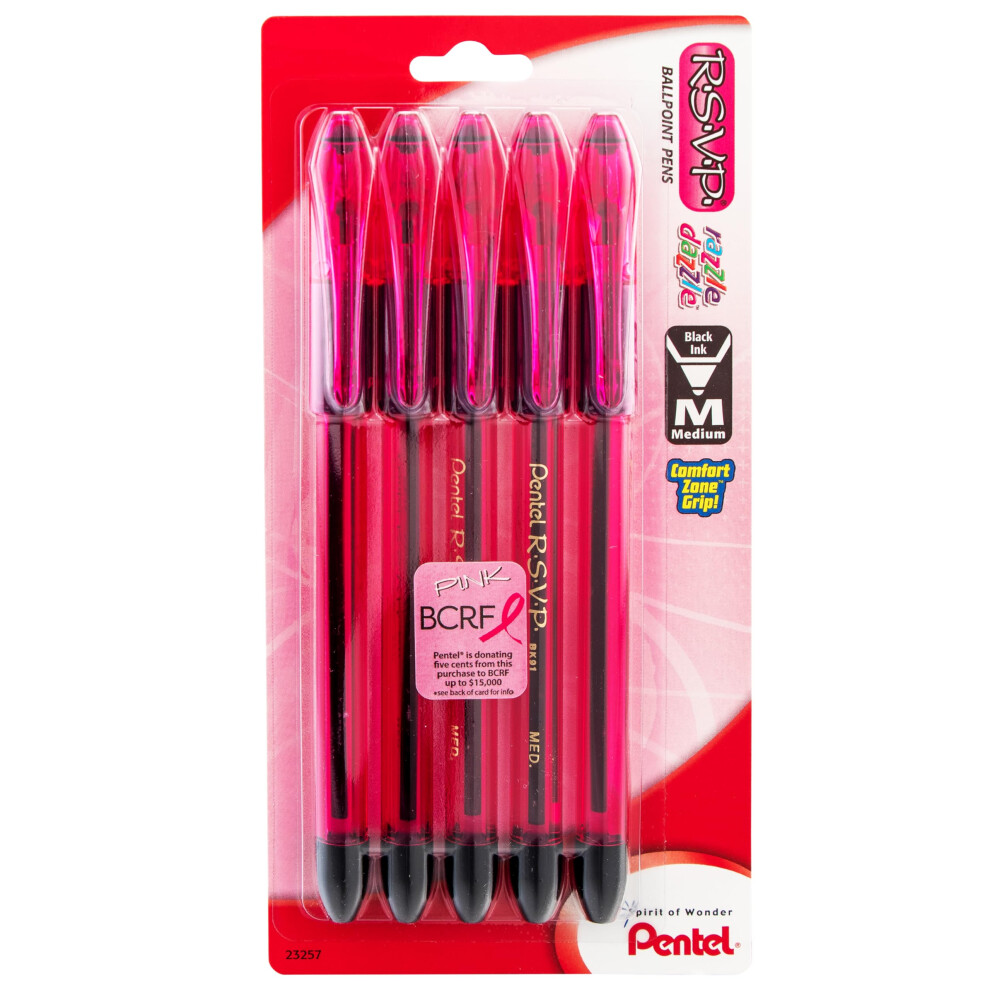 Pentel Pink BCA RSVP Razzle-Dazzle  (1.0mm) Medium Line  Black Ink  Pack of 5 (BK91RDBP5P)