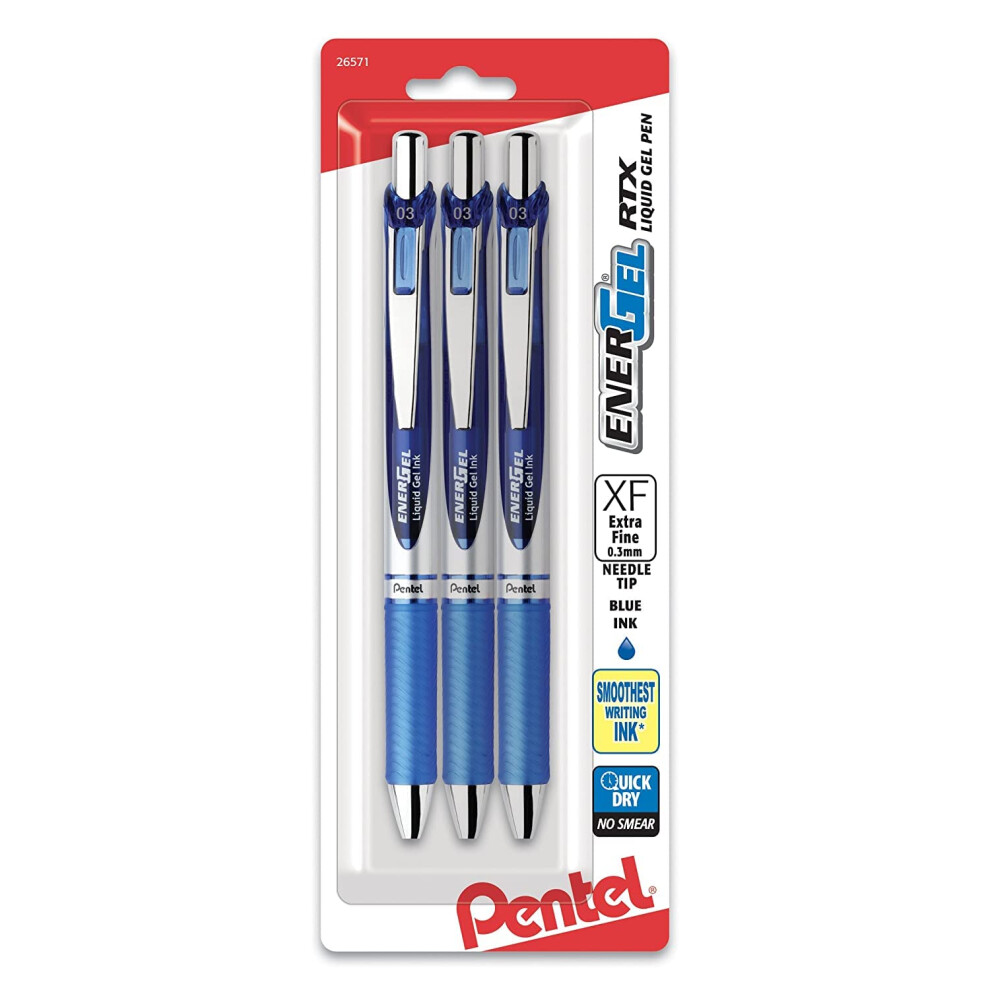 Pentel EnerGel RTX Retractable Liquid Gel Pen  (0.3mm)  Needle Tip  Extra Fine Line  Blue Ink  Pack of 3 (BLN73BP3C)