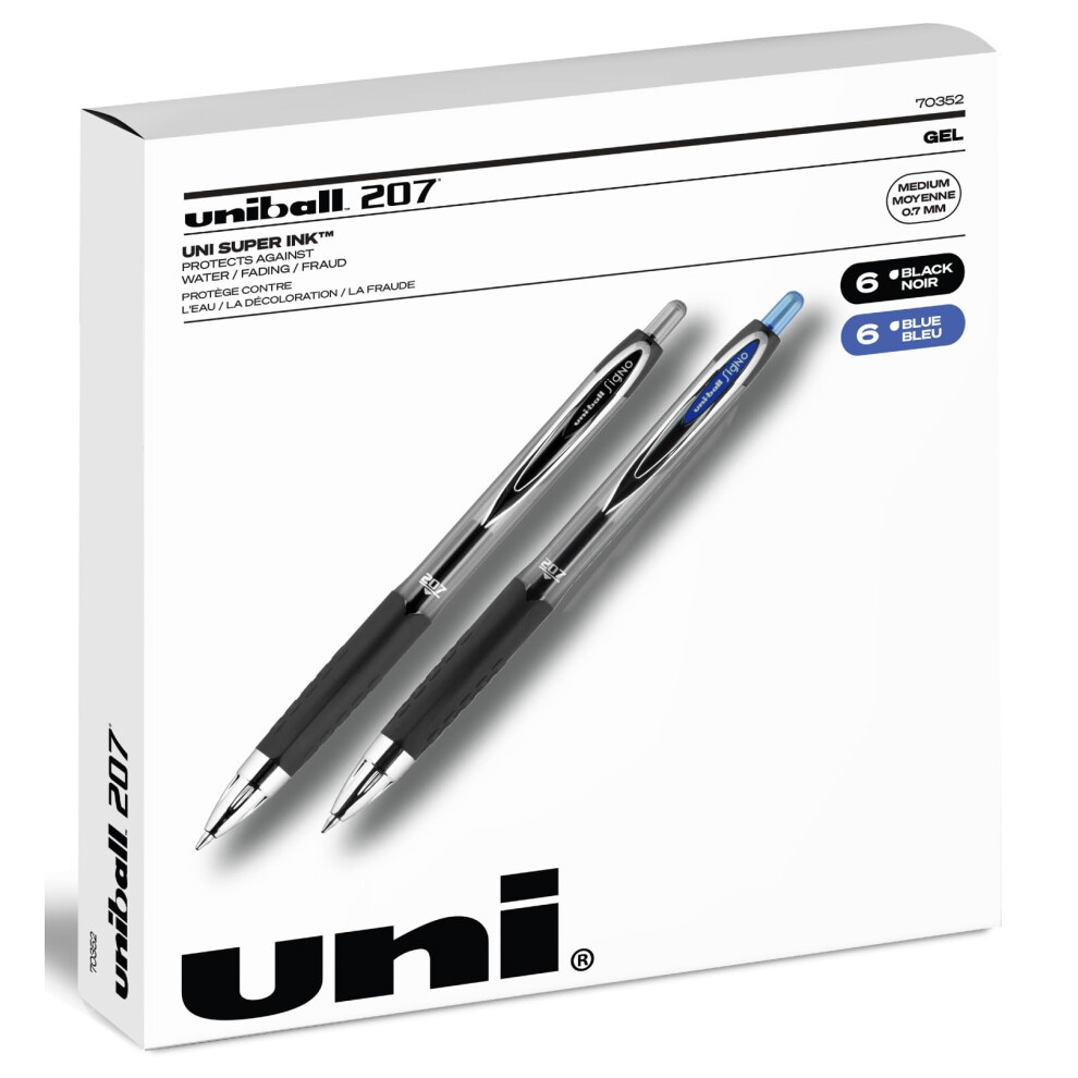 Uniball Signo 207 Retractable Gel Pens - Medium Point - 6 Black with 6 Blue Ink Pens (Total of 12 Pens)