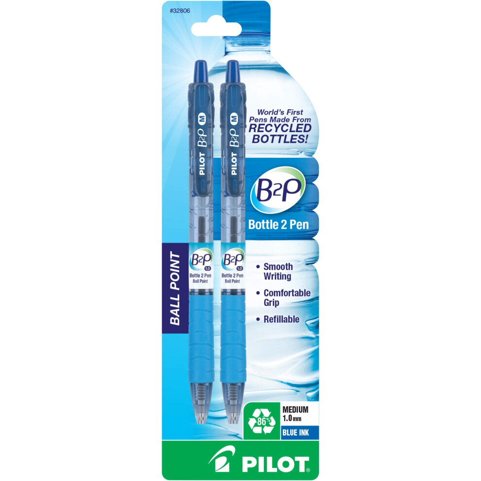 PILOT B2P - Bottle to Pen Refillable & Retractable Ball Point Pen Made From Recycled Bottles  Medium Point  Blue Ink  2-Pack (32806)