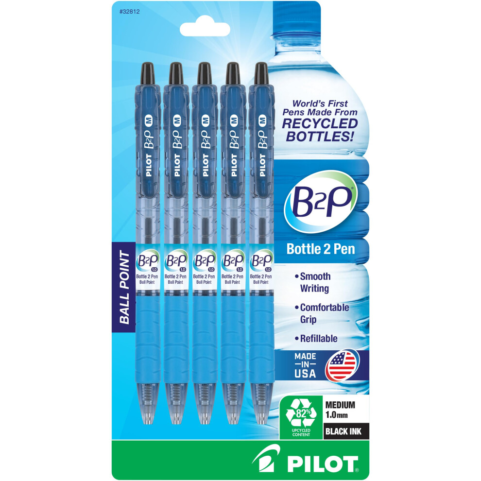 PILOT B2P - Bottle to Pen Refillable & Retractable Ball Point Pen Made From Recycled Bottles  Medium Point  Black Ink  5-Pack (32812)