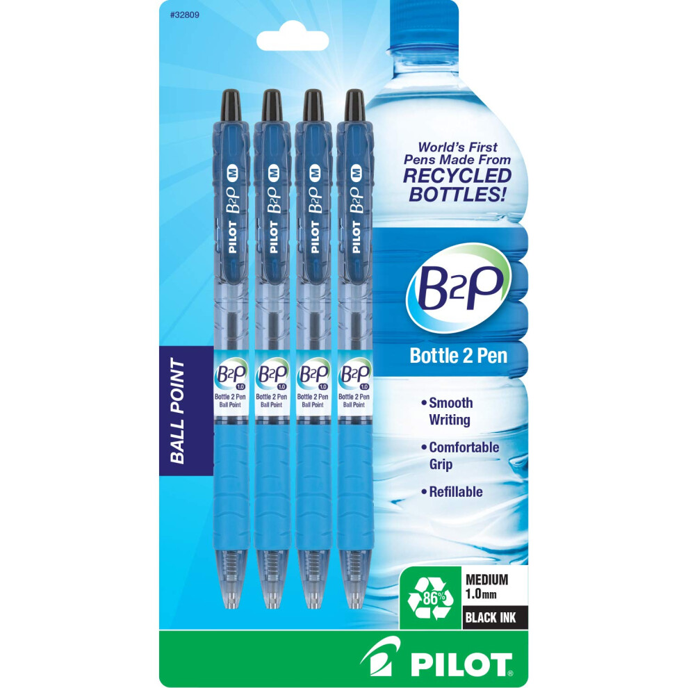 PILOT B2P - Bottle to Pen Refillable & Retractable Ball Point Pen Made From Recycled Bottles  Medium Point  Black Ink  4-Pack (32809)