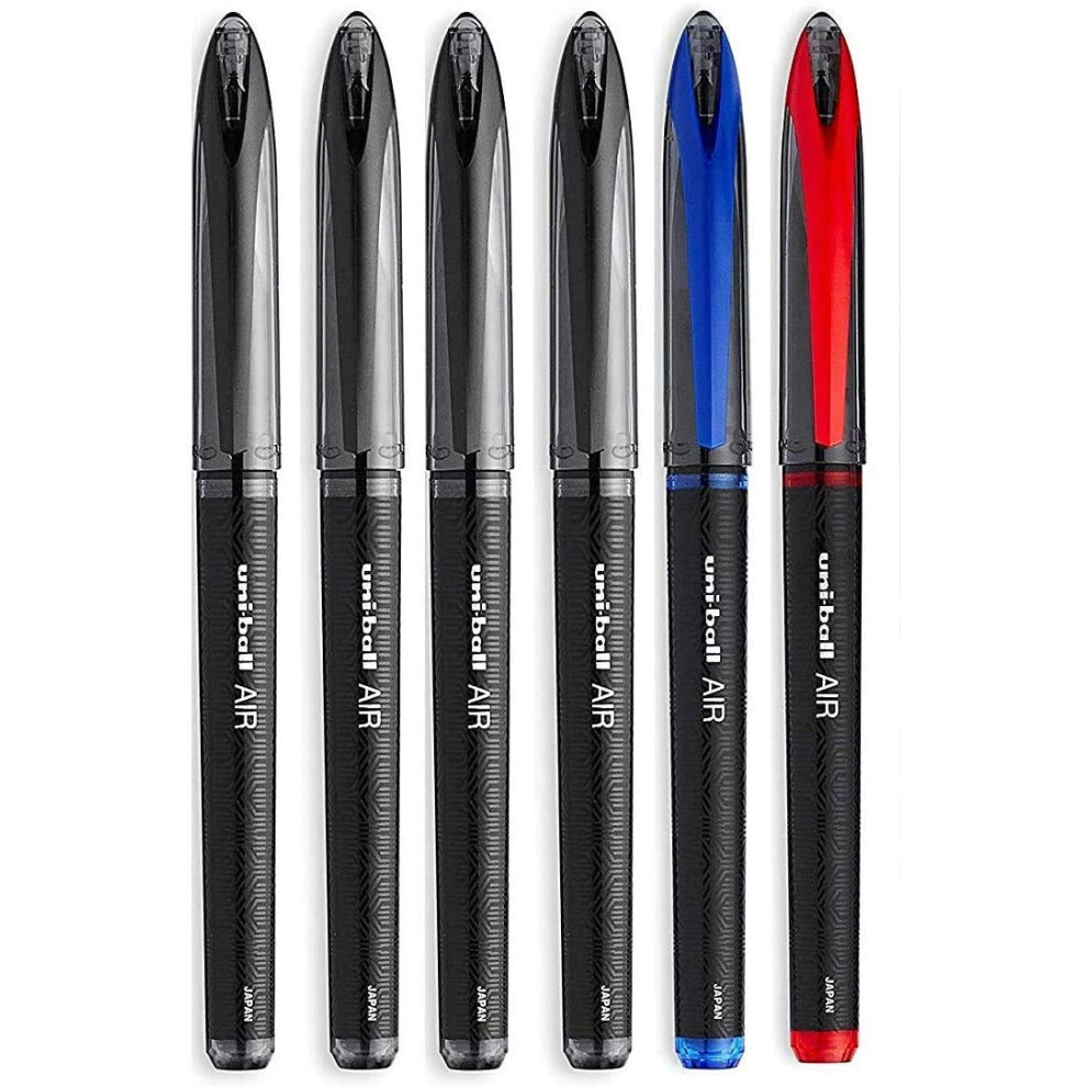 Uni-Ball AIR Micro - 0.5mm Fine Rollerball - Pack of 6 Pens - 4 Black  1 Blue and Red (Assorted Collors)  Packing may vary