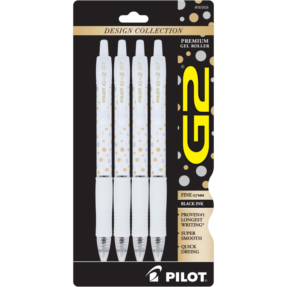 Pilot G2 Retractable Gel Pens  Fine Point  0.7 mm  Dots Design Collection Barrels  Black Ink  Pack of 4 Pens