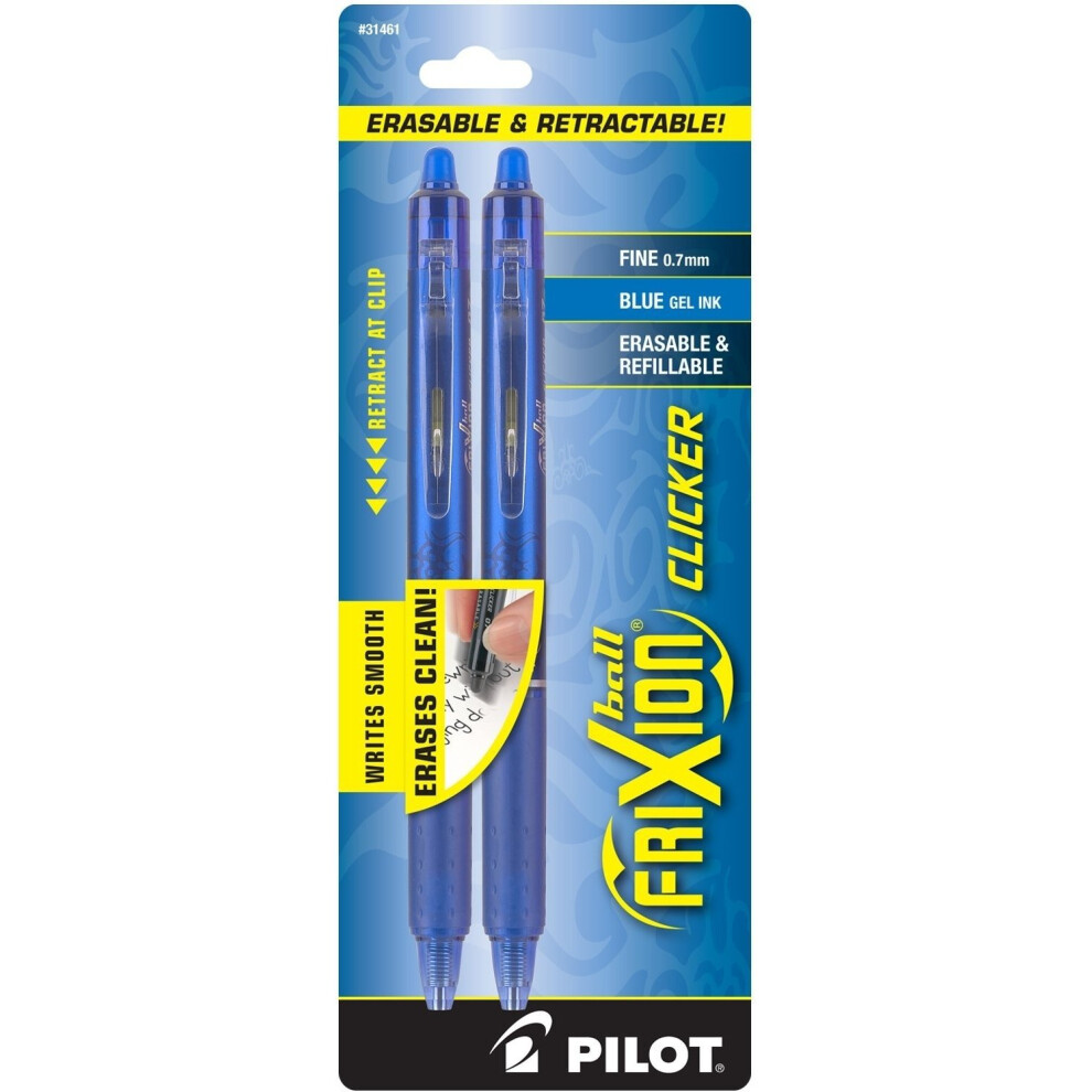 PILOT FriXion Clicker Erasable  Refillable & Retractable Gel Ink Pens  Fine Point  Blue Ink  2-Pack (31461)