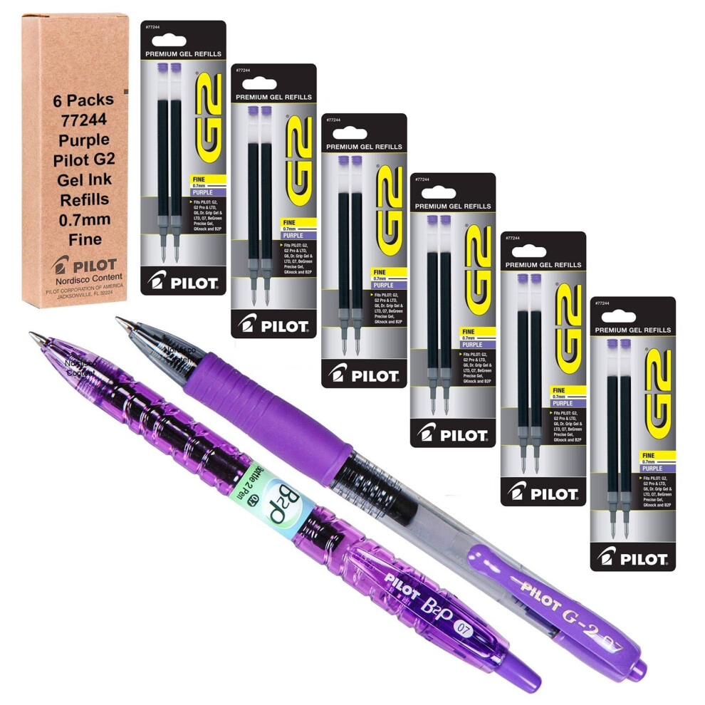 Pilot G2 Refills  Purple Ink 0.7mm Fine  6 Packs of Refills Plus 1 Pilot G2 07 Purple Pen and 1 Pilot B2p Purple Pen