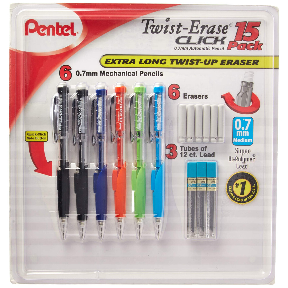 Pentel Twist-Erase Click Mechanical Pencil Set - 6 Mechanical Pencils  6 Extra Erasers  3 Tubes of Lead Refills