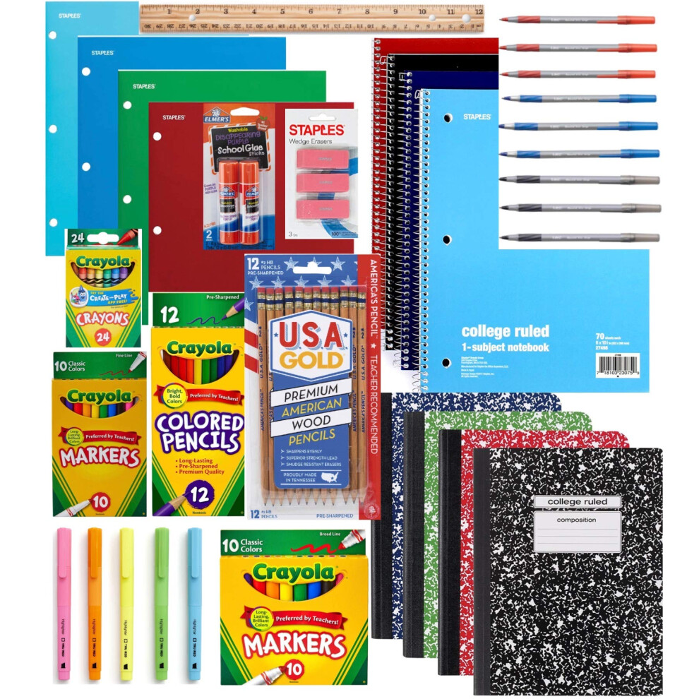 100 PIECE School Supply Kit Grades K-12 - School Essentials Includes Folders  Notebooks  Pencils  Pens and Much More  Perfect BUNDLE