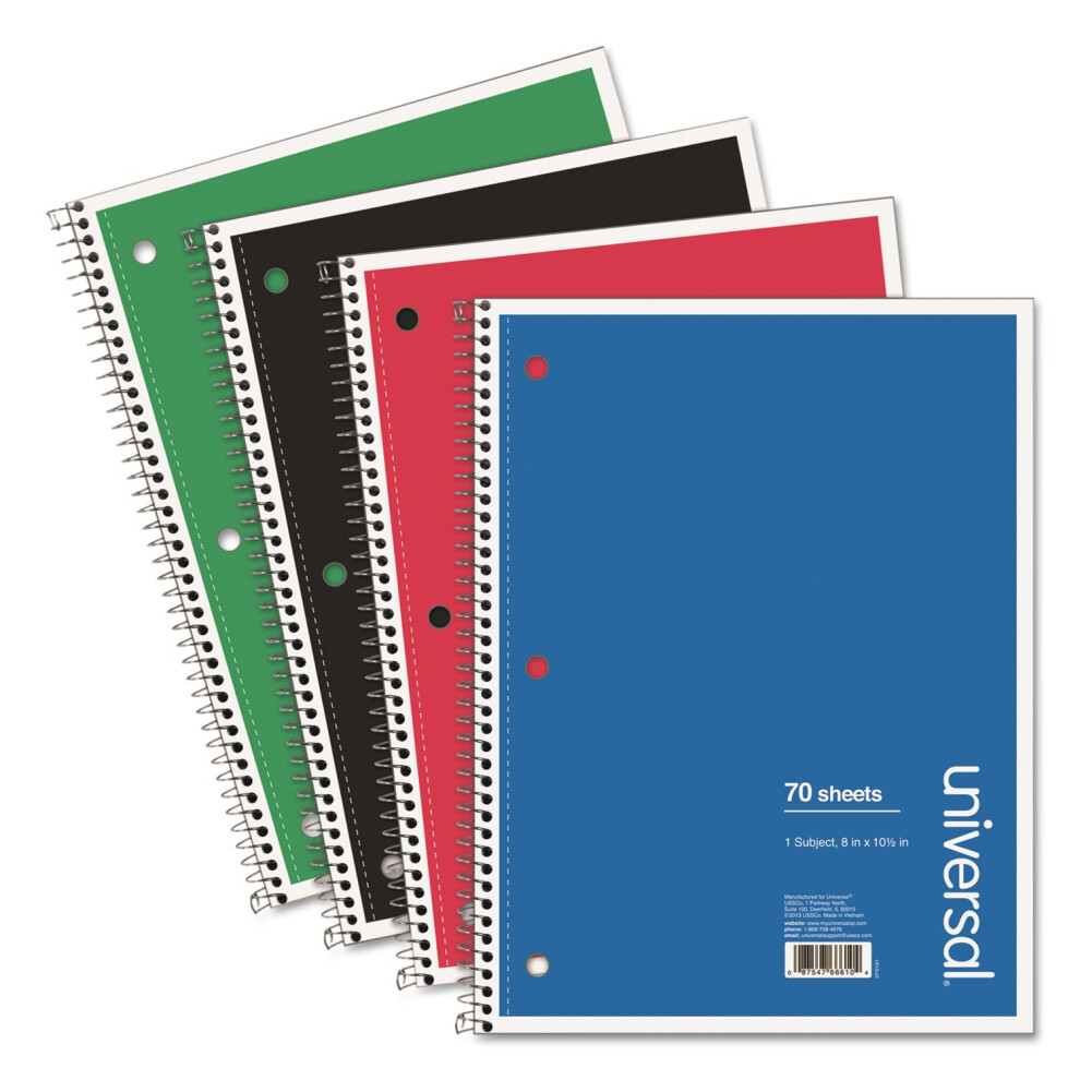 Universal 66614 1 Subject Wirebound Notebook  10.5 x 8  College Rule  70 Sheets  Assorted  4/PK