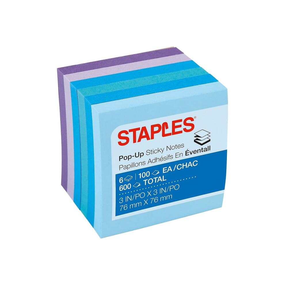 Staples Stickies 3"" x 3"" Assorted Watercolor Pop-Up Notes  6/Pack of 100= 600 Notes Pads