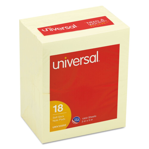 Universal Universal UNV35692 3 in. x 5 in. Αυτοκόλλητα Σημειωματάρια - Κίτρινα (18/Συσκευασία) 2