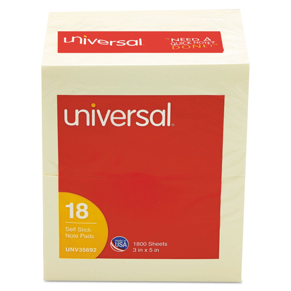 Universal UNV35692 3 in. x 5 in. Self-Stick Note Pads - Yellow (18/Pack)