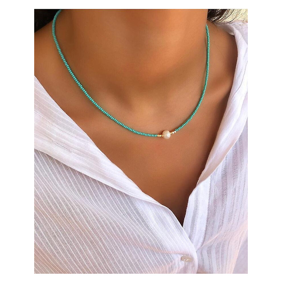 (Turquoise blue 38) Freshwater Pearl Necklace Handmade Single Cultured Freshwater Pearl Choker Necklace For Women Genuine Leather Jewelry Glaze Ball N