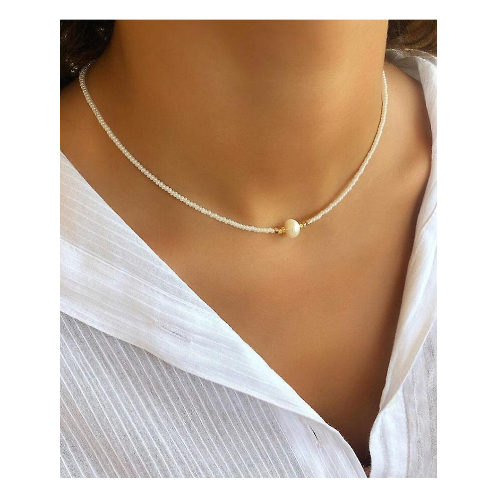 (White 38) Freshwater Pearl Necklace Handmade Single Cultured Freshwater Pearl Choker Necklace For Women Genuine Leather Jewelry Glaze Ball Necklace G