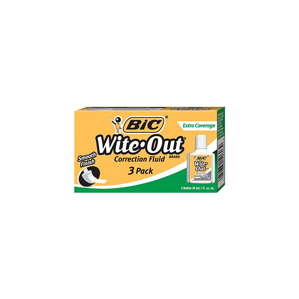 BIC Wite-Out Brand Extra Coverage Correction Fluid  20 mL  White  Covers The Toughest Mistakes  3-Count