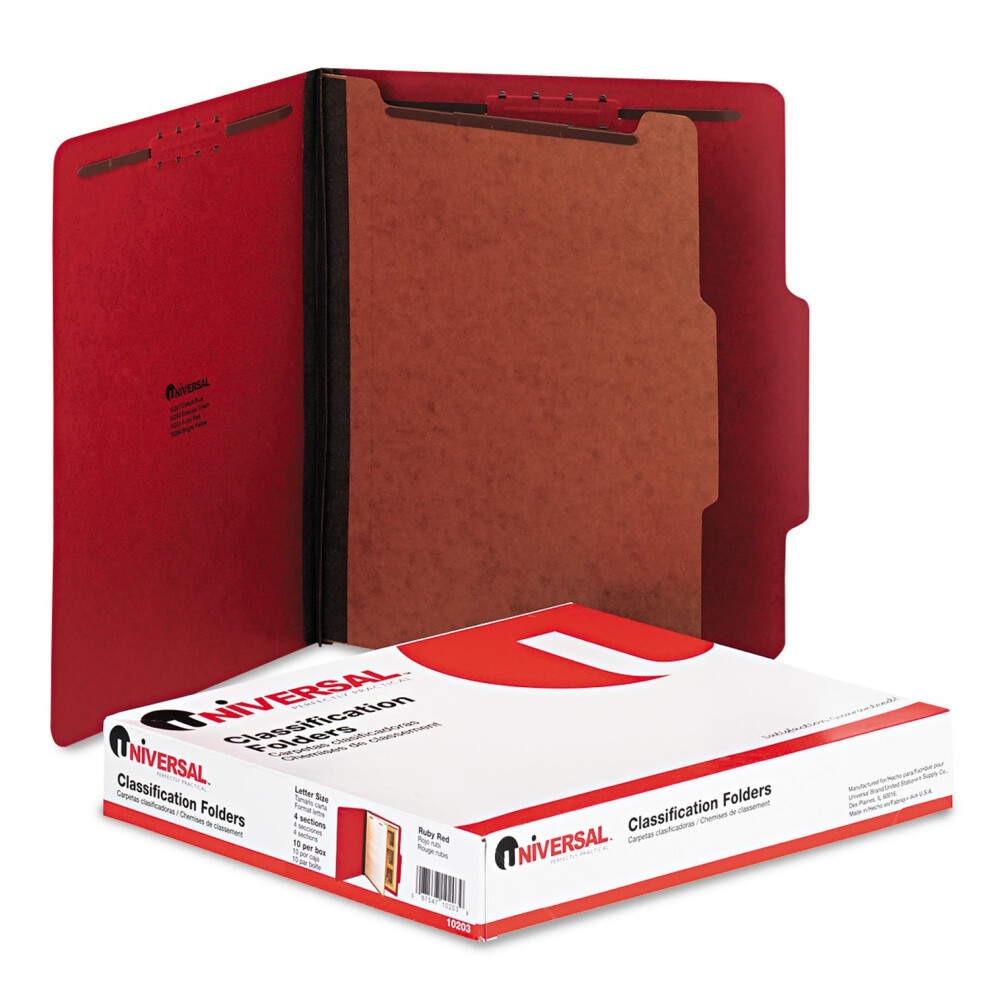 Universal UNV10203 Bright Colored Pressboard Classification Folders - Letter  Ruby Red (10/Box)