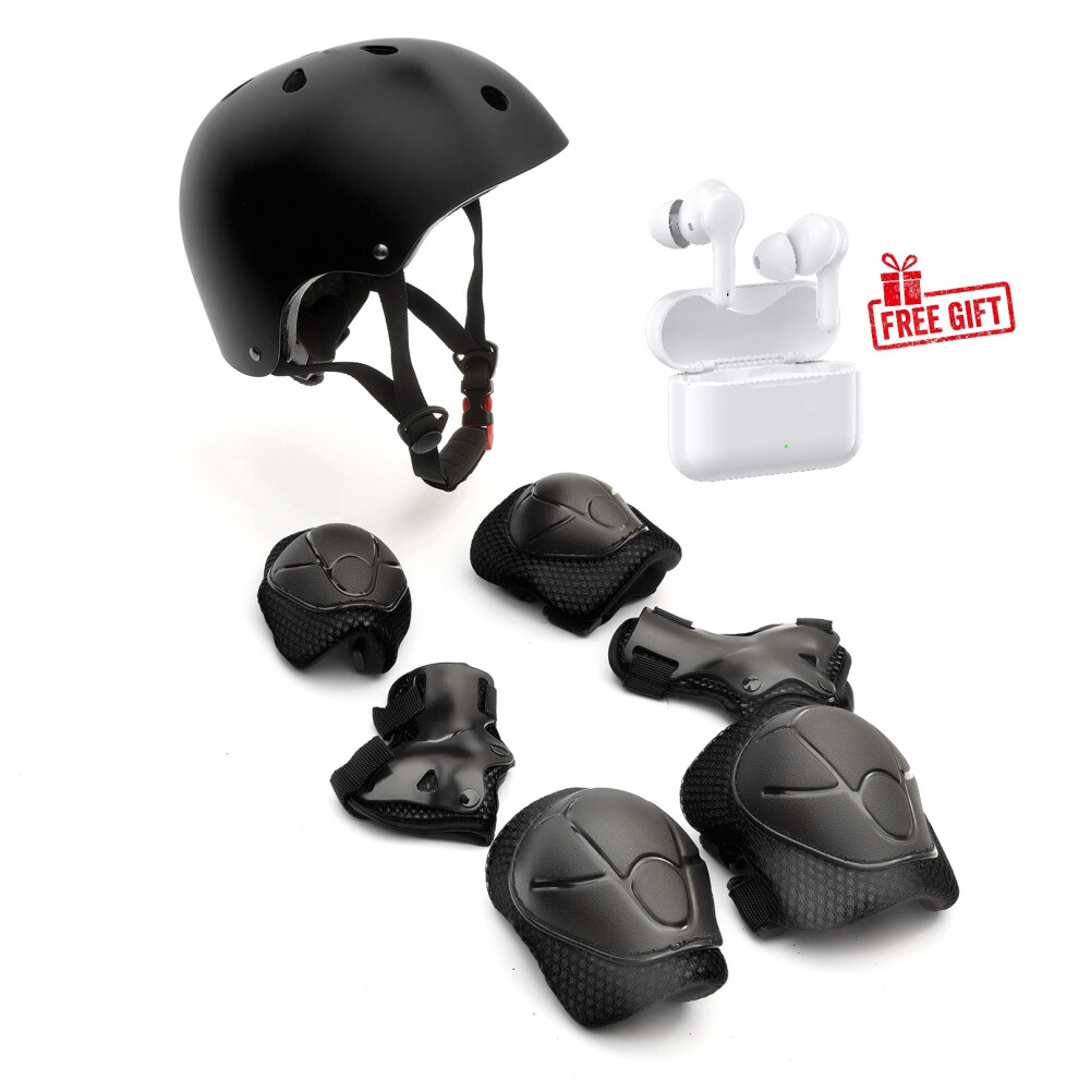 Heavy Duty ABS Kids Helmet Knee Elbow Wrist Pads Cycling Black & Free Ear Buds