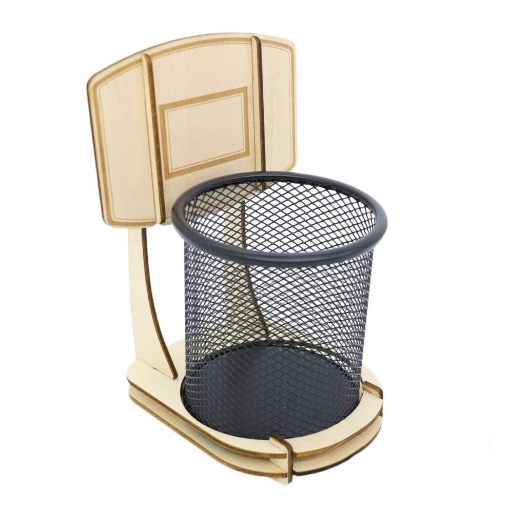 GUOZI Creatieve Pen Potloodhouder Handgemaakte Houten Basketbalstandaard Potloodorganizer Metalen Gaas Potloodbeker Voor Kinderbureau Kantoor Thuis Sc