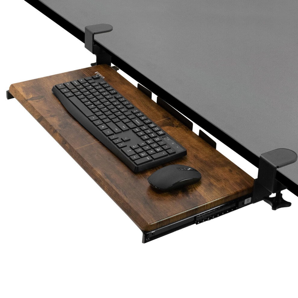 VIVO Large Clamp-on Computer Keyboard and Mouse Under Desk Slider Tray  27 x 11 inch Pull Out Platform Drawer  Rustic Vintage Brown  MOUNT-K