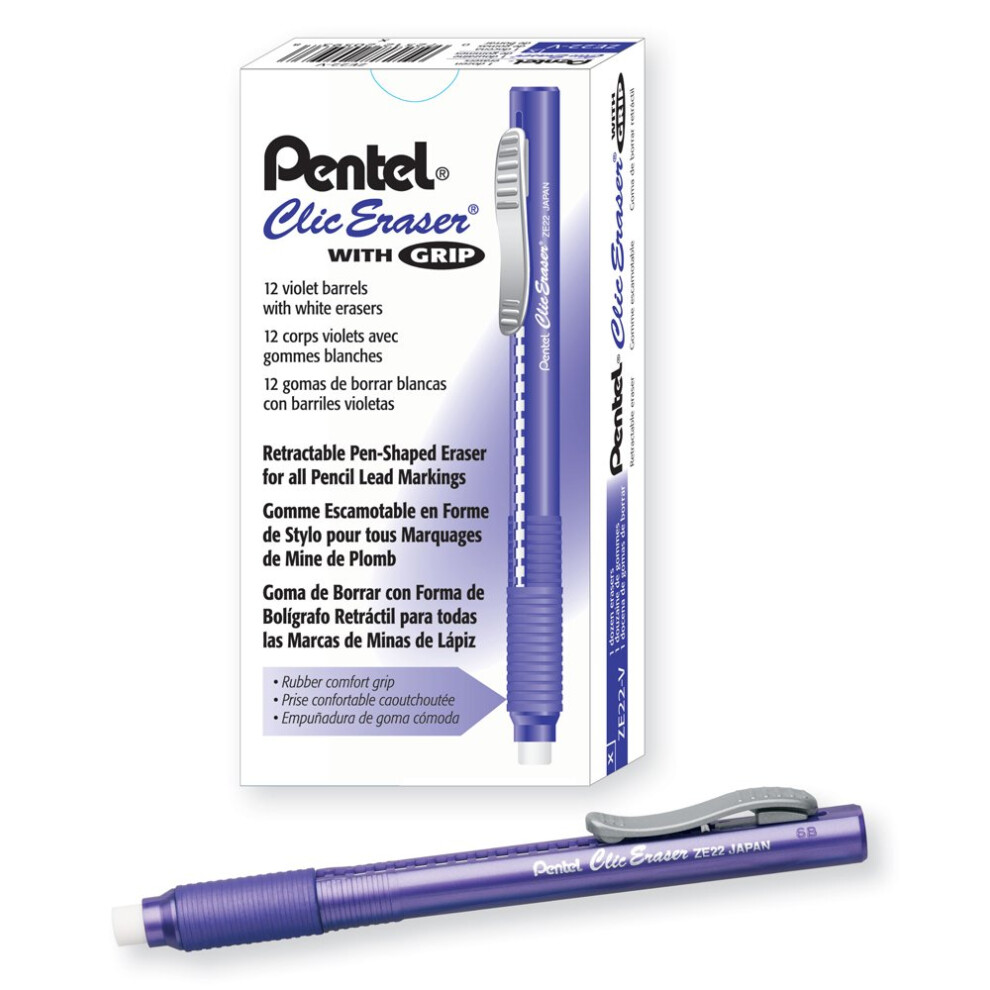 Pentel ZE22V  Clic Eraser Grip  Retractable Eraser  Violet Barrel  Box of 12