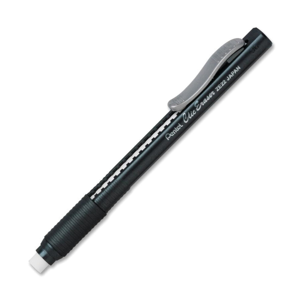 Pentel Clic Eraser  Retractable  Pocket Clip  Rubber Grip  Black Barrel (PENZE22A)