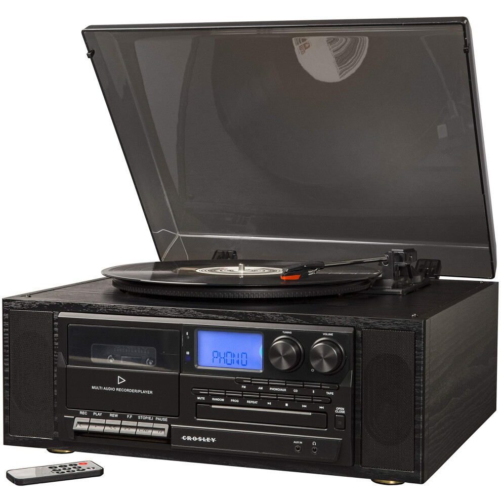 Crosley CR7010A-BK Ridgemont 3-Speed Turntable with Bluetooth  AM/FM Radio  CD Player  Cassette Deck  and Aux-in