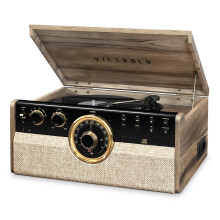 Victrola Empire Mid-Century 6-in-1 Turntable with 3 Speed Record Player Bluetooth Connectivity Radio Cassette and CD Player (Farmhouse Wa