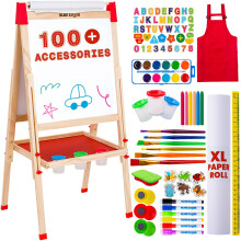 Blue Squid Art Easel for Kids Including 100+ Accessories - Double Sided Adjustable Wooden Painting Easel with Magnetic Chalk Board White Board and P