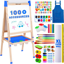 Blue Squid Art Easel for Kids Including 100+ Accessories - Double Sided Adjustable Wooden Painting Easel with Magnetic Chalk Board White Board and P