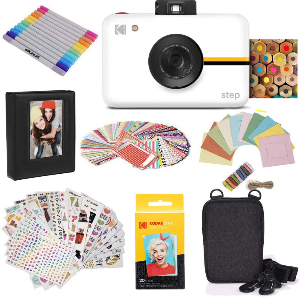 Zink Kodak Step Instant Camera with 10MP Image Sensor  Zink Zero Ink Technology (White) Bundle: Photo Album  Case  20 Pack Zink Paper  Marke