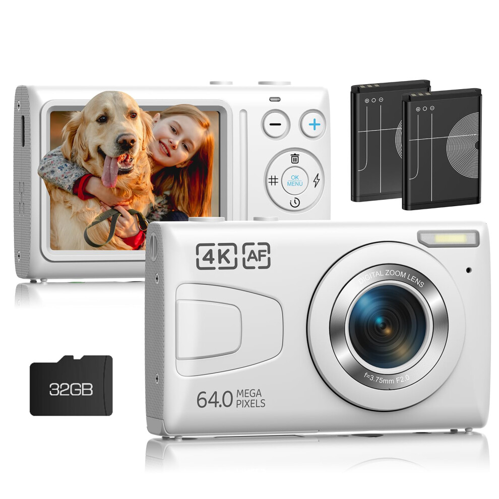 4K Digital Camera with 32GB Card 64MP  Digital Point and Shoot Camera with 18X Zoom  Compact Small Camera for Boys Girls Adult Beginner(Whit