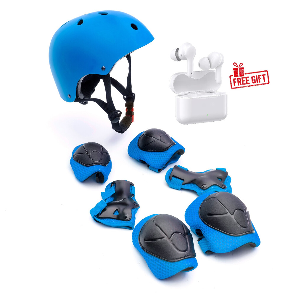 Heavy Duty ABS Kids Helmet Knee Elbow Wrist Pads Cycling Blue & Free Ear Buds