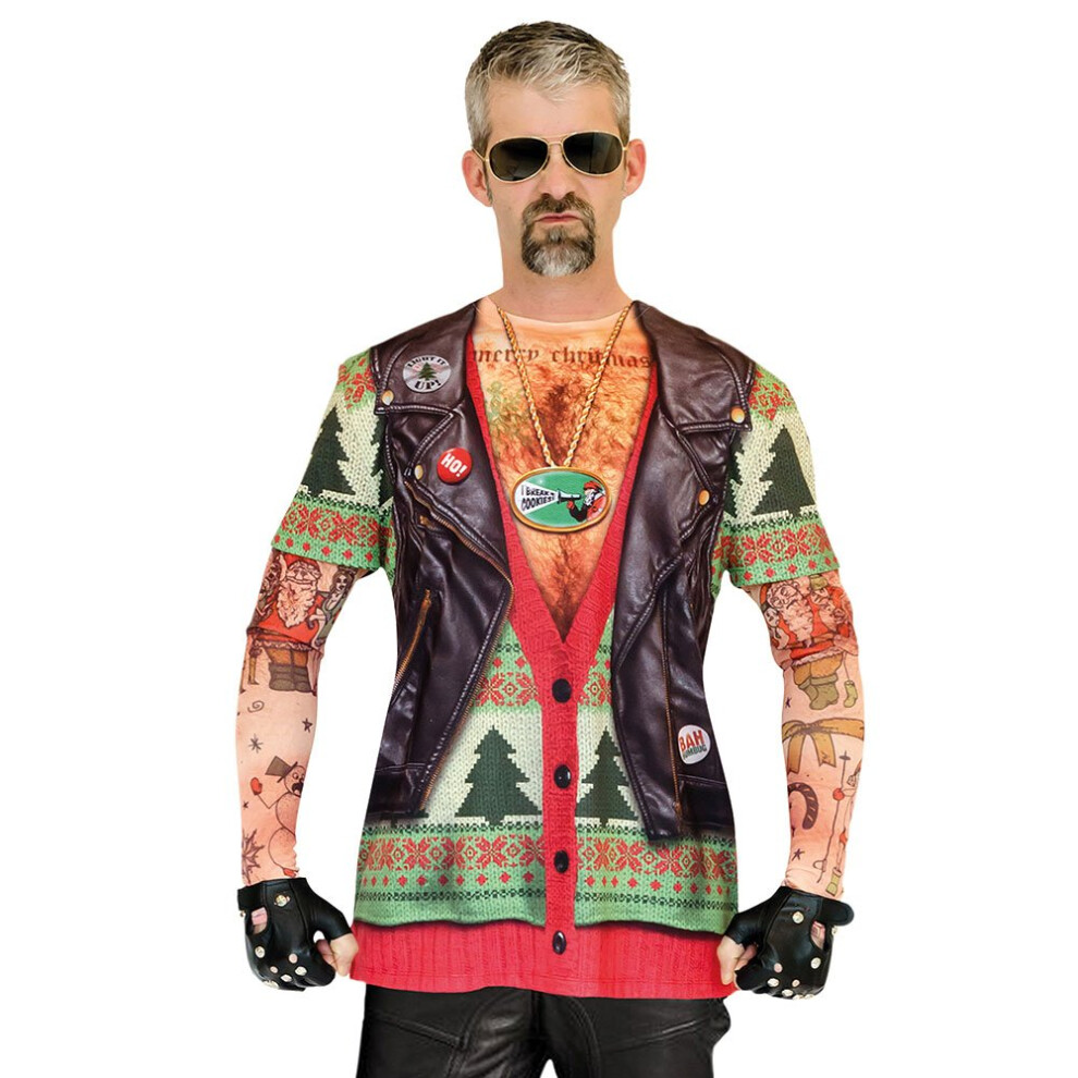 Faux Real Men's 3D Photo-Realistic Ugly Christmas Sweater Long Sleeve T-Shirt  Biker Xmas Tattoo  Small