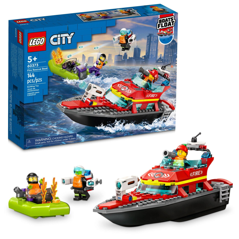 LEGO City Fire Rescue Boat 60373  Toy Floats on Water  with Jetpack  Dinghy and 3 Minifigures  Everyday Hero Toys for Kids  Boys and Girls A