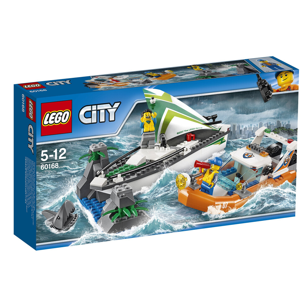 LEGO City 60168 Sailboat Rescue Building Toy With Boats That Really Float. Includes: Coast Guard Rescue Boat  Sailboat  Rock Island  2 Minif