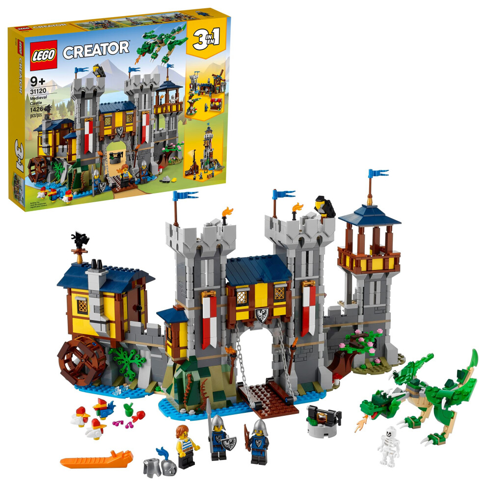 LEGO Creator 3in1 Medieval Castle Toy to Tower or Marketplace 31120  with Skeleton  Dragon Figure  3 Minifigures and Catapult