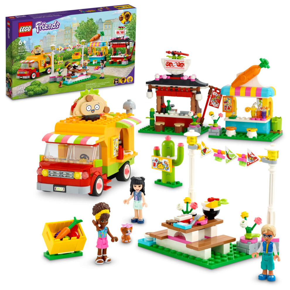 LEGO Friends Street Food Market 41701; New Food-Play Building Kit Promotes Imaginative Play; Includes Emma and Kitten Toy; Birthday Gift for