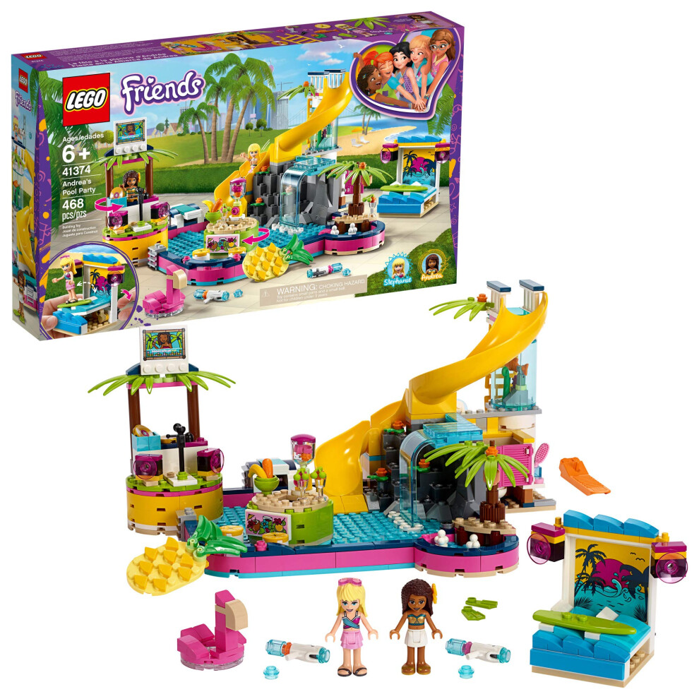 LEGO Friends Andrea's Pool Party 41374 Toy Pool Building Set with Andrea and Stephanie Mini Dolls for Pretend Play  Includes Toy Juice Bar a