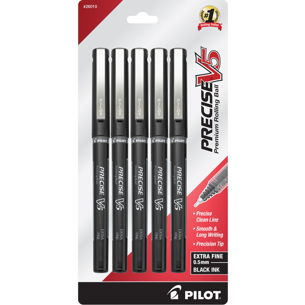 Pilot  Precise V5  Capped Liquid Ink Rolling Ball Pens  Extra Fine Point 0.5 mm  Black  Pack of 5