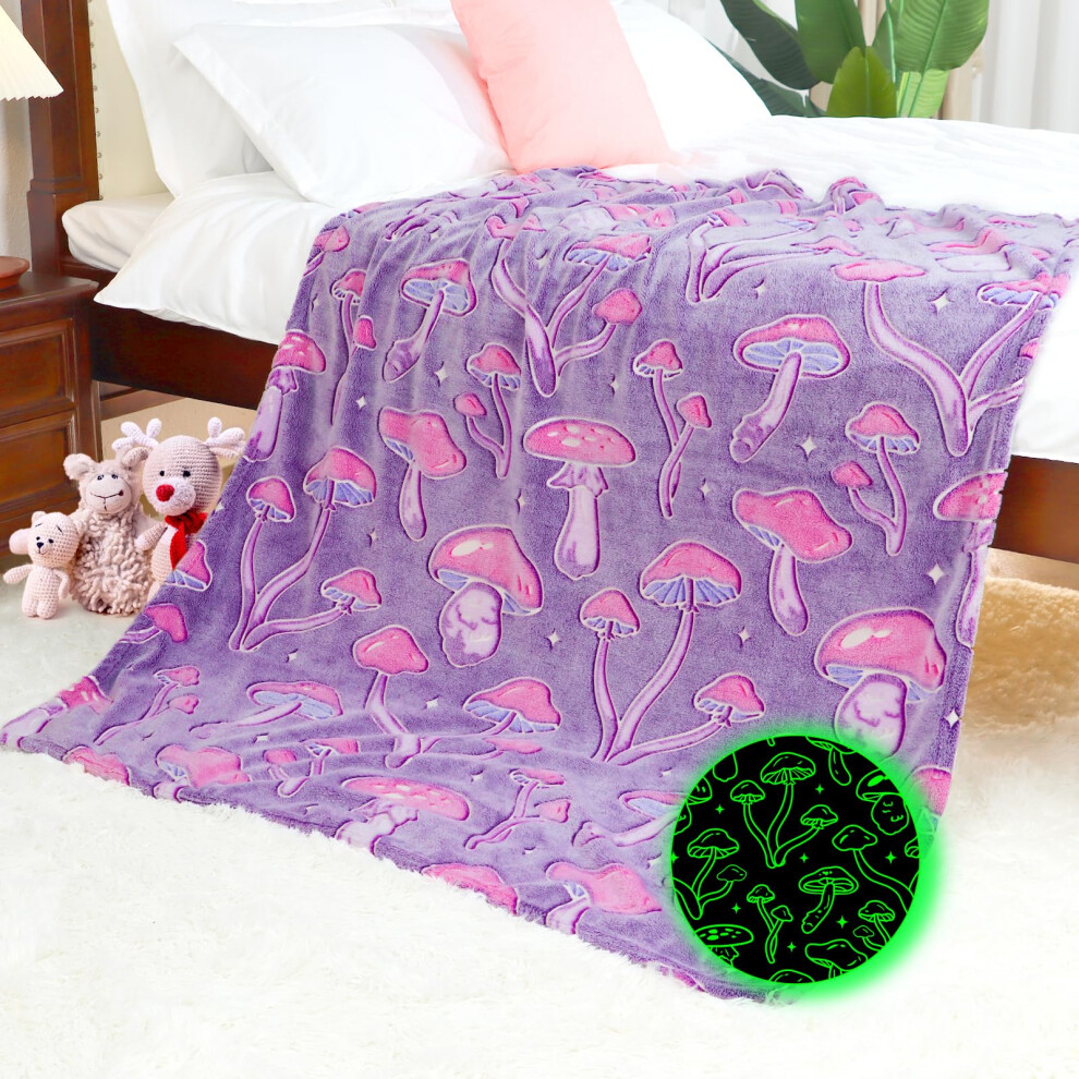 Couverture Champignon Mignonne Phosphorescente, Couverture En Polaire Douce Et Duveteuse, Motif Champignon Violet, D Coration Pour Enfants-image