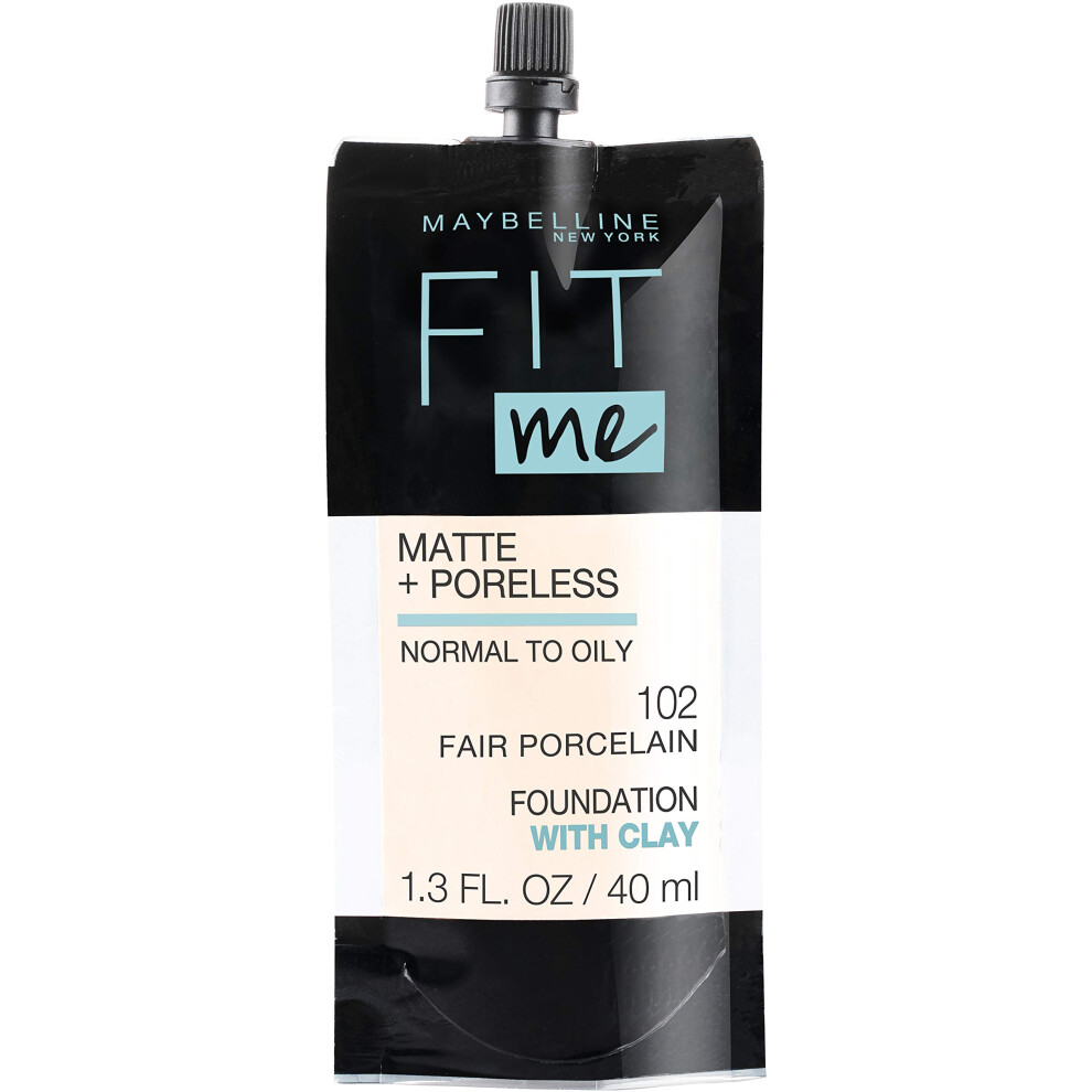 Maybelline New York Fit Me Matte + Poreless Liquid Foundation  Pouch Format  102 Fair Porcelain  1.3 Ounce