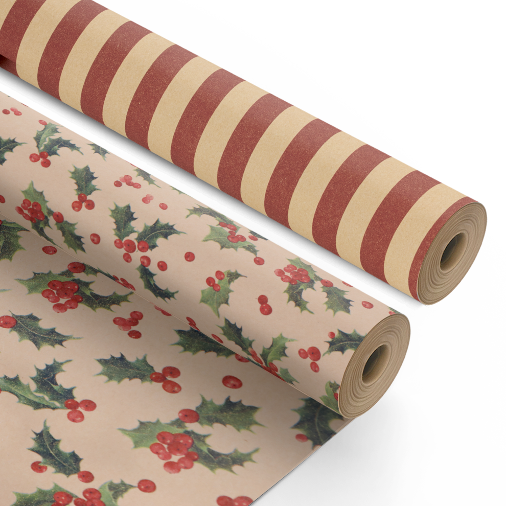 ( (Holly)) Kraft & Co 2 Pack Christmas Wrapping Paper Roll Festive Designed