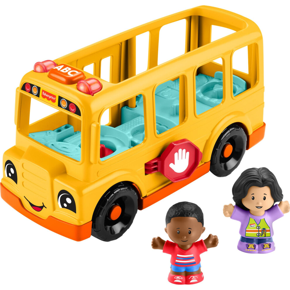 Fisher-Price Little People Toddler Toy School Bus Musical Push-Along Vehicle with 2 Figures for Pretend Play Ages 1+ Years