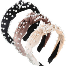 WILLBOND 3 Pieces Pearls Headband Knotted Headband for Women Velvet Pearls Headband for Girl Woman Hair Accessories (Beige  Pale Mauve  Blac