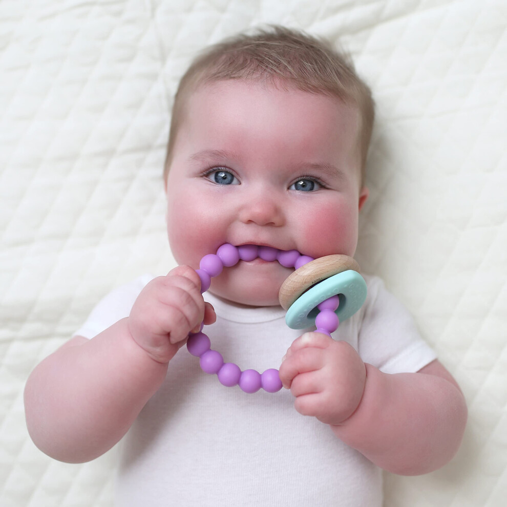 Nuby Natural Wood & Silicone Teether: 3 M+  Heart Bracelet  Pink