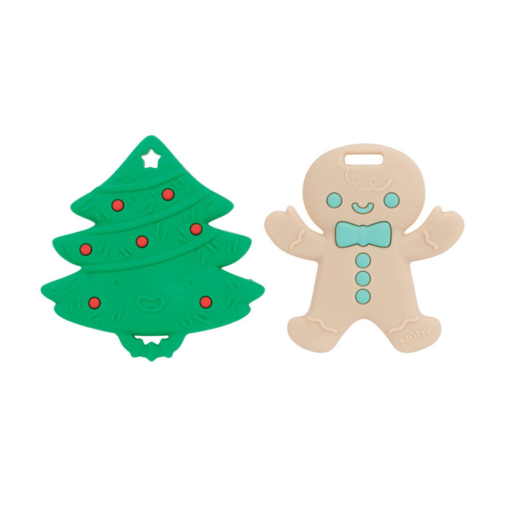 Nuby All Silicone Holiday Tree & Gingerbread Man Cookie Teether - 2 Pack  3+ Months